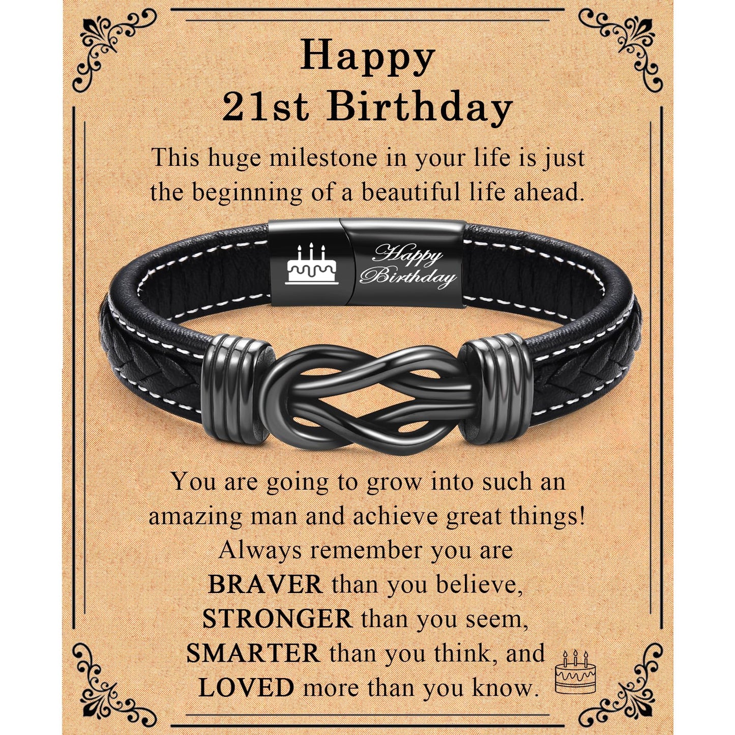 13th 16th 17th 18th 21st Birthday Gifts for Boys Him Male, Happy Birthday Leather Bracelet Gifts for 13 16 18 21 Year Old Boy Male Man Son Grandson Nephew Brother Friend with Sweet Birthday Card