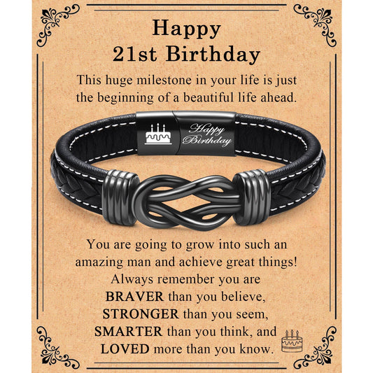 13th 16th 17th 18th 21st Birthday Gifts for Boys Him Male, Happy Birthday Leather Bracelet Gifts for 13 16 18 21 Year Old Boy Male Man Son Grandson Nephew Brother Friend with Sweet Birthday Card