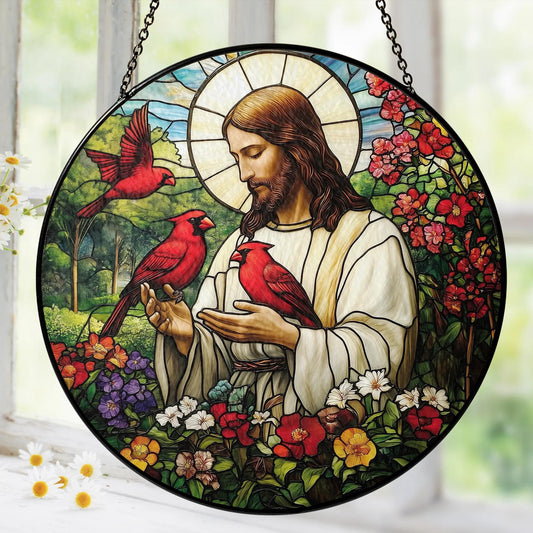 Christian Gifts for Women Faith Red Cardinals Window Hanging Suncatcher Stained Glass, Jesus & Cardinal Faith Home Decorations Jesus Gifts for Women of God Christmas Religious Catholic Gift For Memory