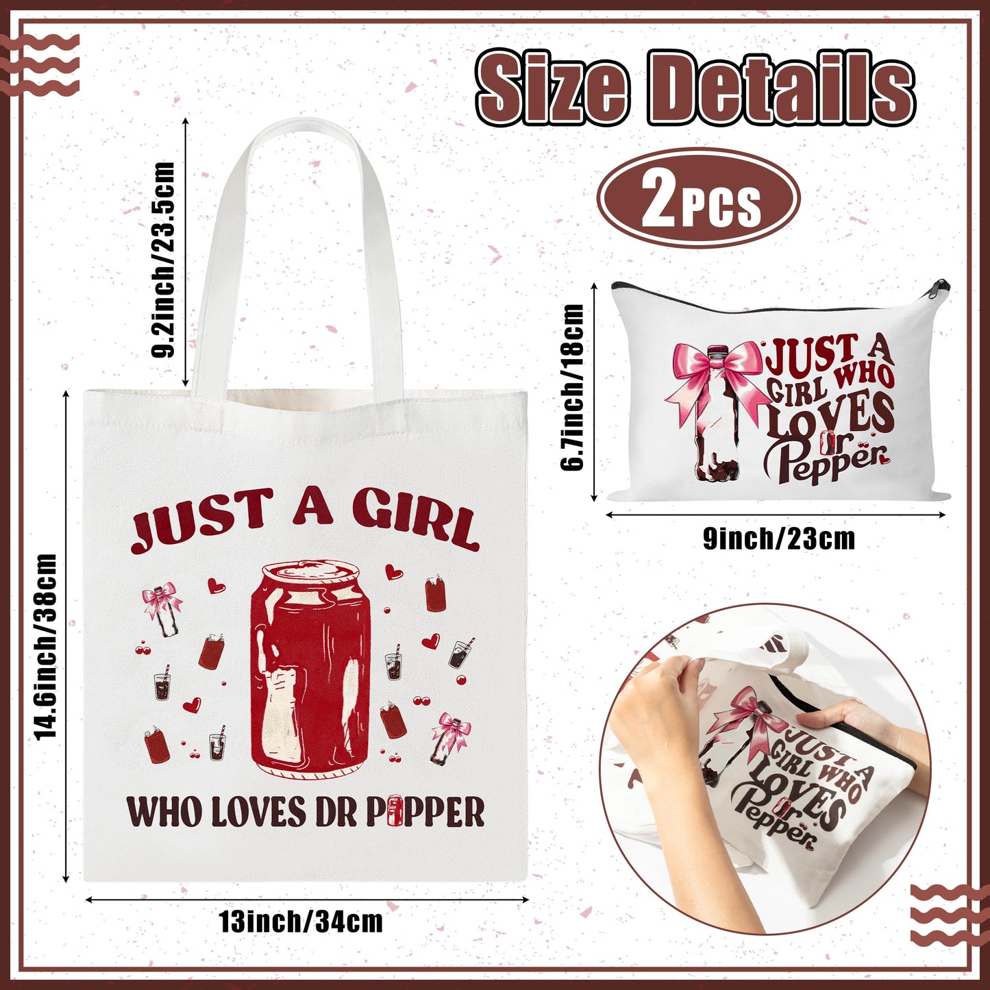Drinks Lovers Canvas Bags - 2Pcs Soda Drinks Lover Gift Tote Bag Makeup Bag, Bring Me A Pepper And Tell Me I’m Pretty Handbag Cosmetic Pouch, Supply for Birthday Party Vodka Drinkers