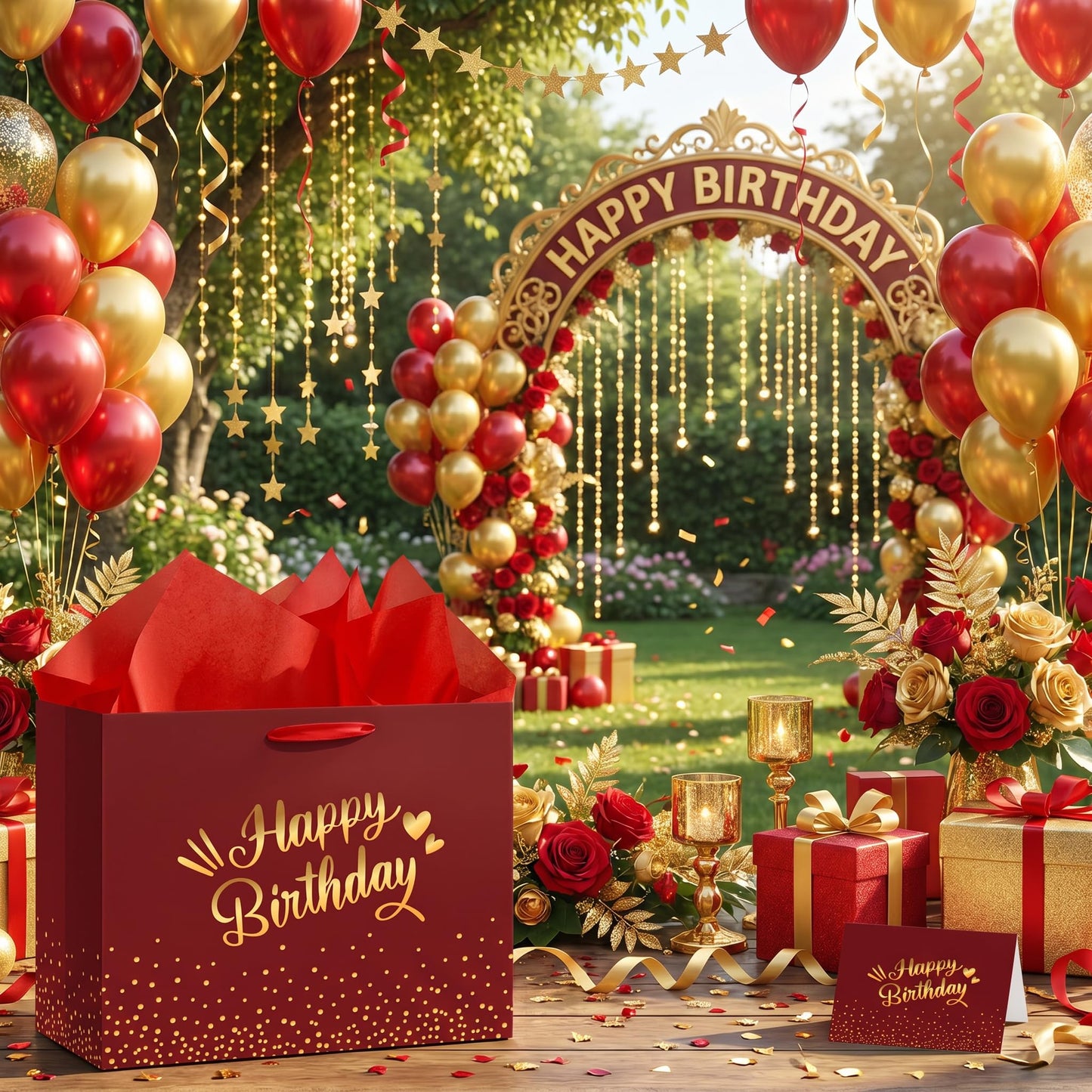 Burgundy Birthday Gift Bag with Tissue Paper Card Large Red Gold Foil Happy Wrapping Paper Bag Elegant Present Bags for Adult Women Men Mum Dad Milestone Birthday Supplies Premium Party Favors Decor