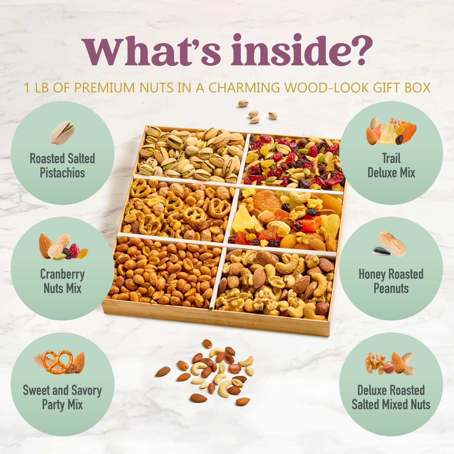 Mixed Nuts Gift Basket - Sympathy Gift Baskets for Adults Gourmet Mixed Nuts Variety Pack, 6 Assortment Healthy Snack Tray, Great Gifts for Men