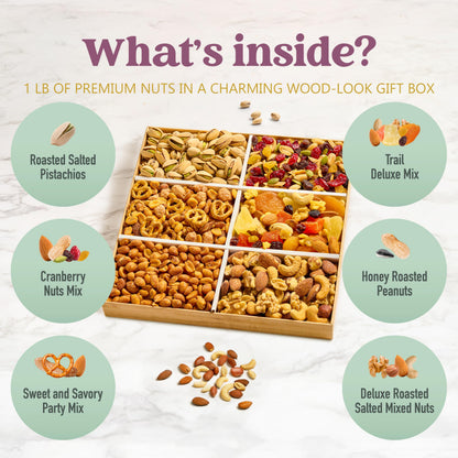 Mixed Nuts Gift Basket - Sympathy Gift Baskets for Adults Gourmet Mixed Nuts Variety Pack, 6 Assortment Healthy Snack Tray, Great Gifts for Men