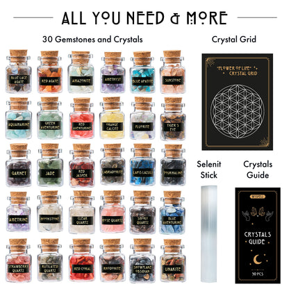 Healing Сrystals in Spell Jars 30 PCS - Real Witchcraft Crystals & Selenite Stick - Mini Gemstones for Altar - Spiritual Crystals & Stones Gifts - Wiccan Supplies & Tools