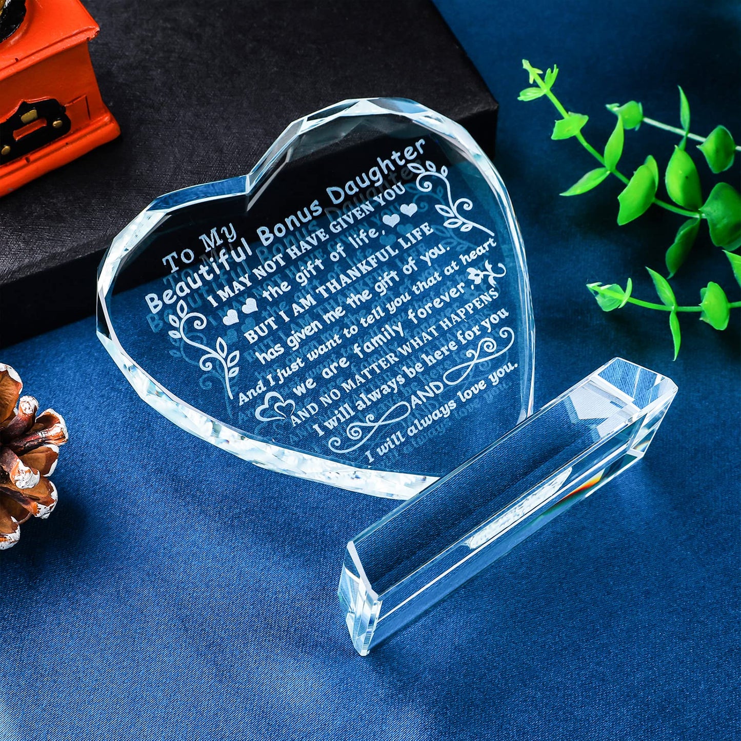 YWHL Bonus Daughter Gifts from Mom Dad, To My Bonus Daughter Heart Shaped Crystal Keepsake, Gifts for Stepdaughter from Stepmom Stepdad on Birthday Christmas Graduation