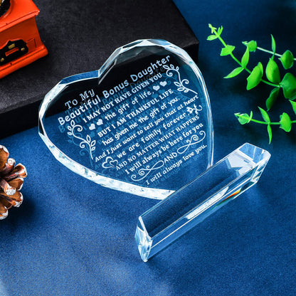 YWHL Bonus Daughter Gifts from Mom Dad, To My Bonus Daughter Heart Shaped Crystal Keepsake, Gifts for Stepdaughter from Stepmom Stepdad on Birthday Christmas Graduation