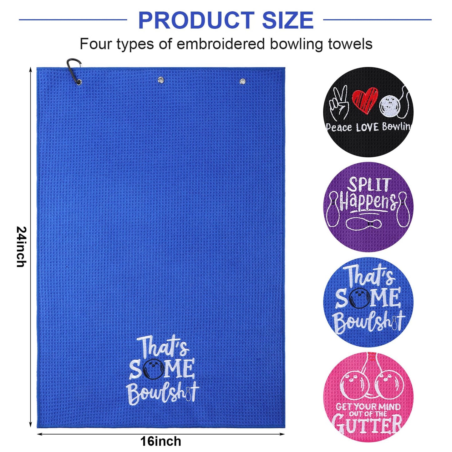 VitalCozy 4 Pcs Funny Bowling Towel Embroidered Bowling Ball Towel with 4 Grommets Absorbent Sport Ball Rag Wipes Bowl Gifts for Men Women Player Fitness Fans Birthday Mother's Day, 24 x 16 Inch