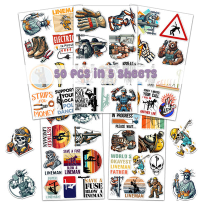 50 Pcs Lineman Vinyl Sticker Waterproof Hard Hat Decals Electrician Stickers Tablet Water Bottle Luggage Laptop Helmet Phone Window Toolbox Gifts for Adults Men Line Worker Coworkers