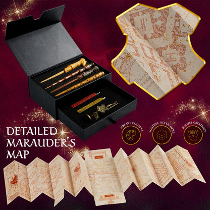 Harry Potter Gifts Writing Set with Wand Pens Stationery Box for Boys Girls Teens Kids Adults with Marauders Map Envelopes Paper Wax Stick Stamp