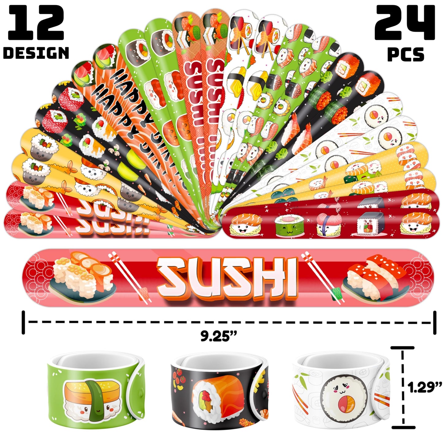 48PCS Sushi Party Set - 24PCS Temporary Pre - cut Tattoos & 24PCS Slap Bracelets - Fun Food-Themed Birthday Supplies, Baby Shower Gifts, Classroom Rewards & Party Decor for Kids (Boys & Girls)