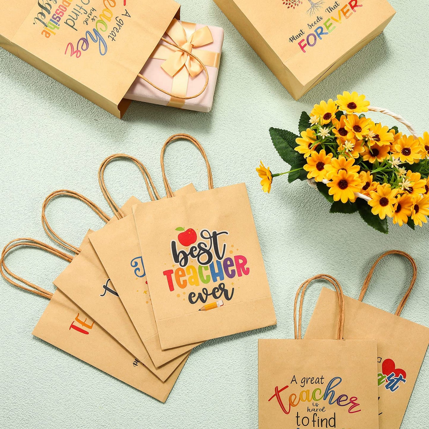 PerKoop 36 Pcs Teacher Appreciation Gift Paper Bag with Handles, Thank You Teacher Treat Present Bags for Teacher Appreciation Week, Birthday, Christmas Supplies(Kraft)