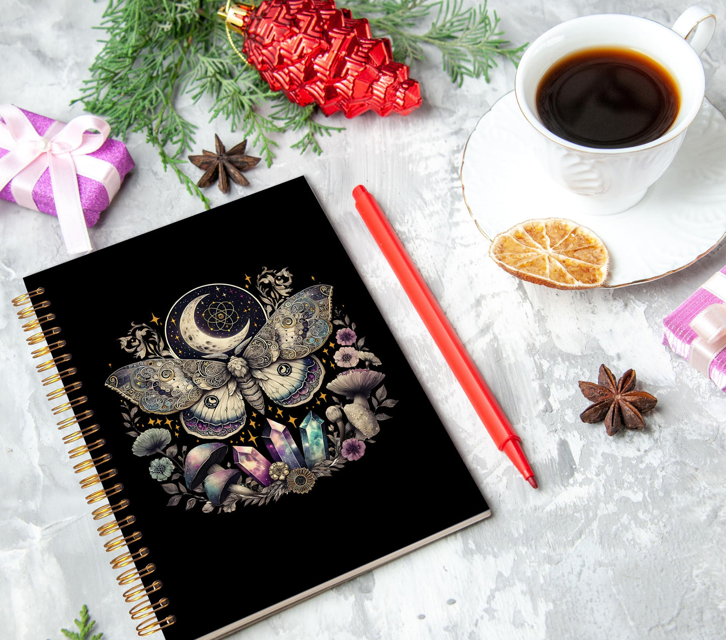 Witchy Celestial Butterfly Spiral Notebook Journal 5.5x8.3, Dark Academia Moth Crystals Botanical Journal for Women, Witchy Gifts for Women, Gothic Witch Journaling Notebooks