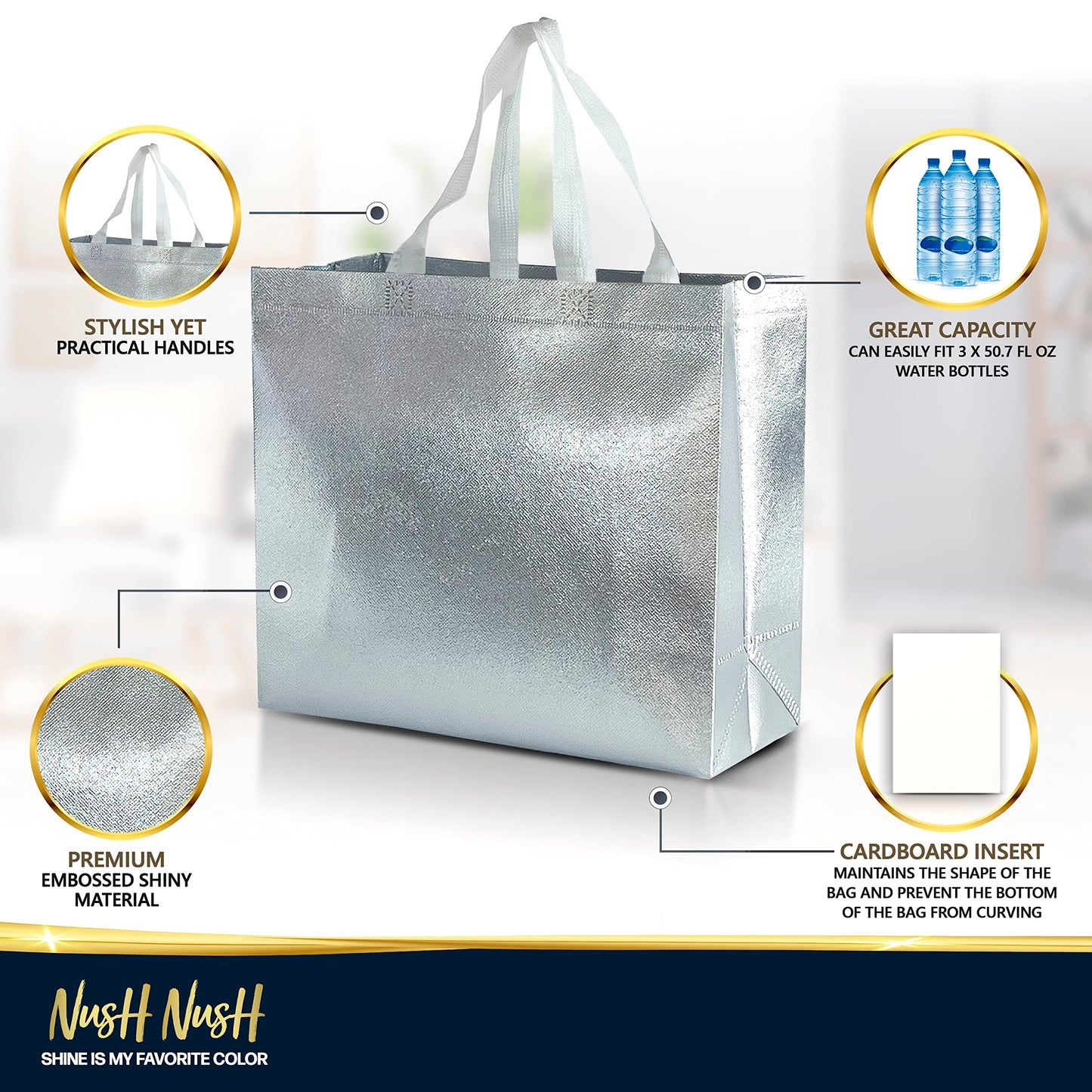 Nush Nush Silver Gift Bags Large Size - Set of 15 Reusable With White Handles - Perfect for Christmas, Goodie, Birthday, Party Favor - 13Wx5Dx11H