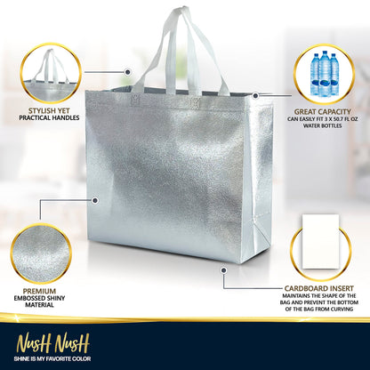 Nush Nush Silver Gift Bags Large Size - Set of 15 Reusable With White Handles - Perfect for Christmas, Goodie, Birthday, Party Favor - 13Wx5Dx11H