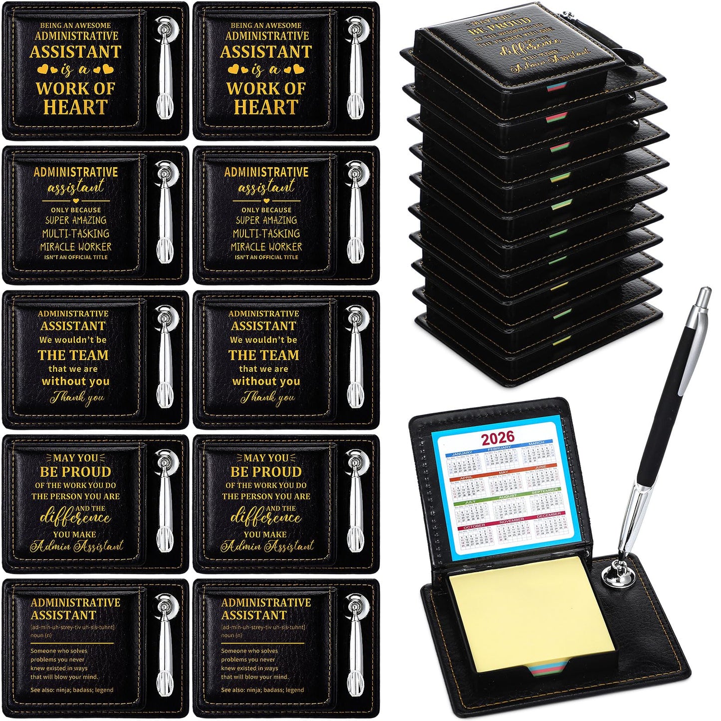 Crtiin 10 Set Administrative Assistant Gifts Secretary Gifts Sticky Note Holders with Sticky Notepads PU Leather Memo Box with Calendar Pen Holder Secretary Admin Professional Day Gift for Office Desk