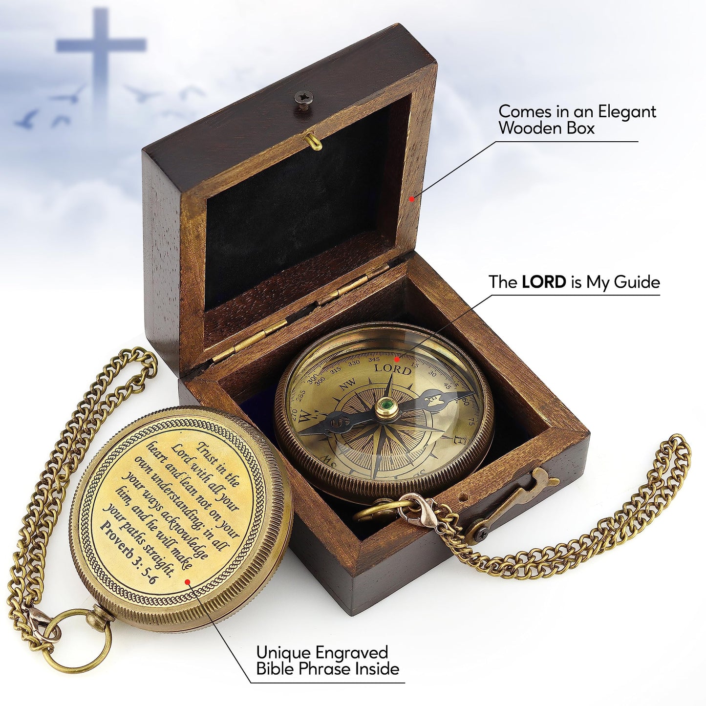 God is My Guide Brass Compass Gift with Display Box - Engraved Scripture Prayer Compass Religious Gift for Men & Women - Baptism, Confirmation, Communion Compass for Boys Graduation Gift
