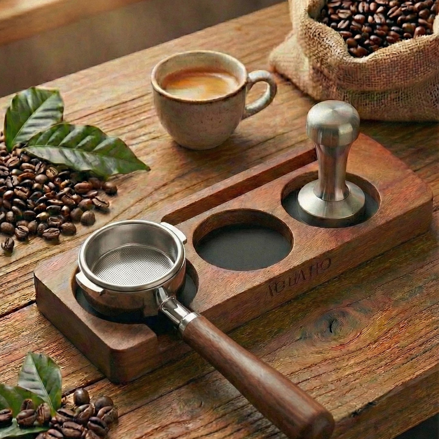 51-58 mm Compact Espresso Tamping Mat - Wooden Coffee Tamping Station - Gift for Espresso Lovers, Accessories for Baristas