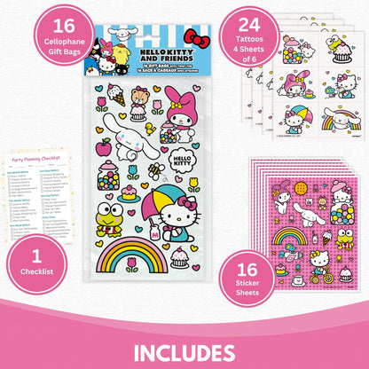 Unique Hello Kitty Party Favors - 16 Goodie Bags with 16 Sticker Sheets, 24 Tattoos, Checklist - Hello Kitty Birthday Decorations - Officially Licensed