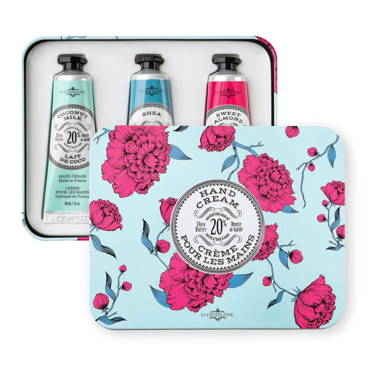 La Chatelaine 20% Shea Butter Hand Cream Travel Size Tin, Gift Set for Women, Nourishing Hand-Care Set for Holiday (Coconut Milk, Shea, Lychee Cranberry)