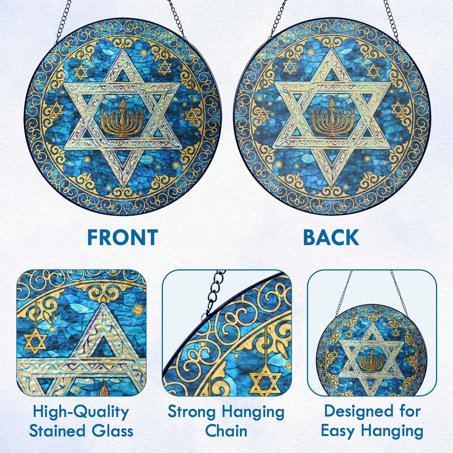 FLAGWIX Hanukkah Gifts for Women Men - Star of David Stained Glass Window Hanging 8 in - Hanukkah Sun Catcher Hanging Decor, Chanukah Suncatchers for Garden Decor, Religious Spiritual Gifts for Mom