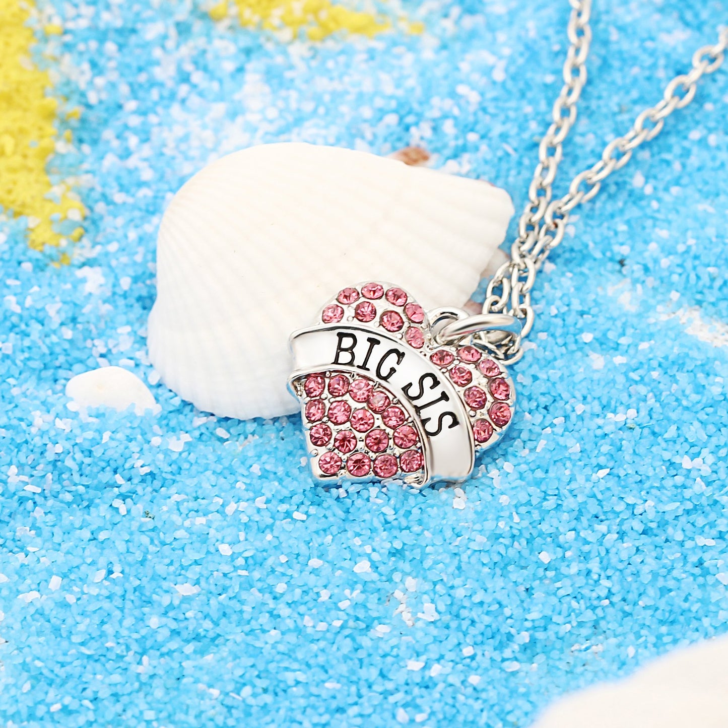 lauhonmin Family Jewelry Silver Alloy Pink Crystal Love Heart Big Sister Charm Pendant Necklace Women Gift