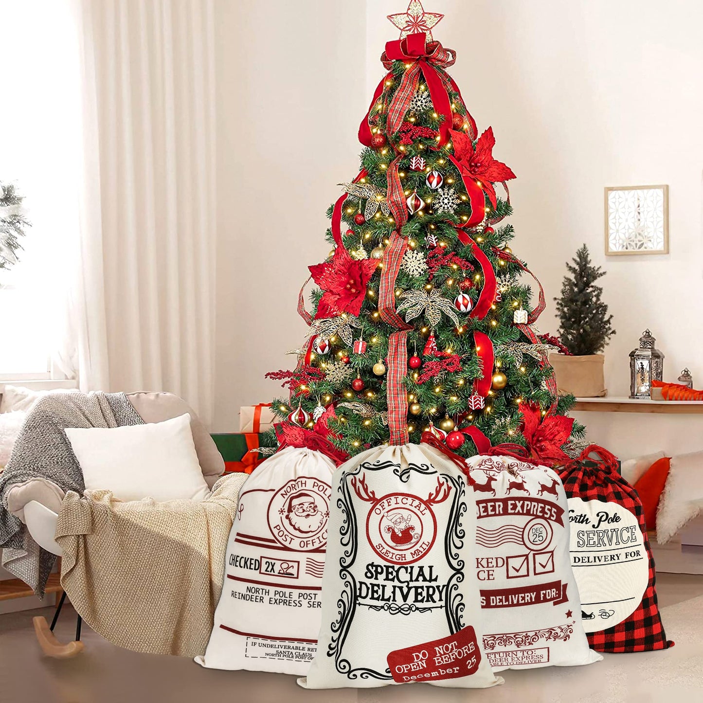 LessMo Christmas Santa Sack, Large Christmas Canvas Gift Bag with Drawstring, Reusable Personalized Best Gift, for Xmas Package Storage, Christmas Party Supplies Favors
