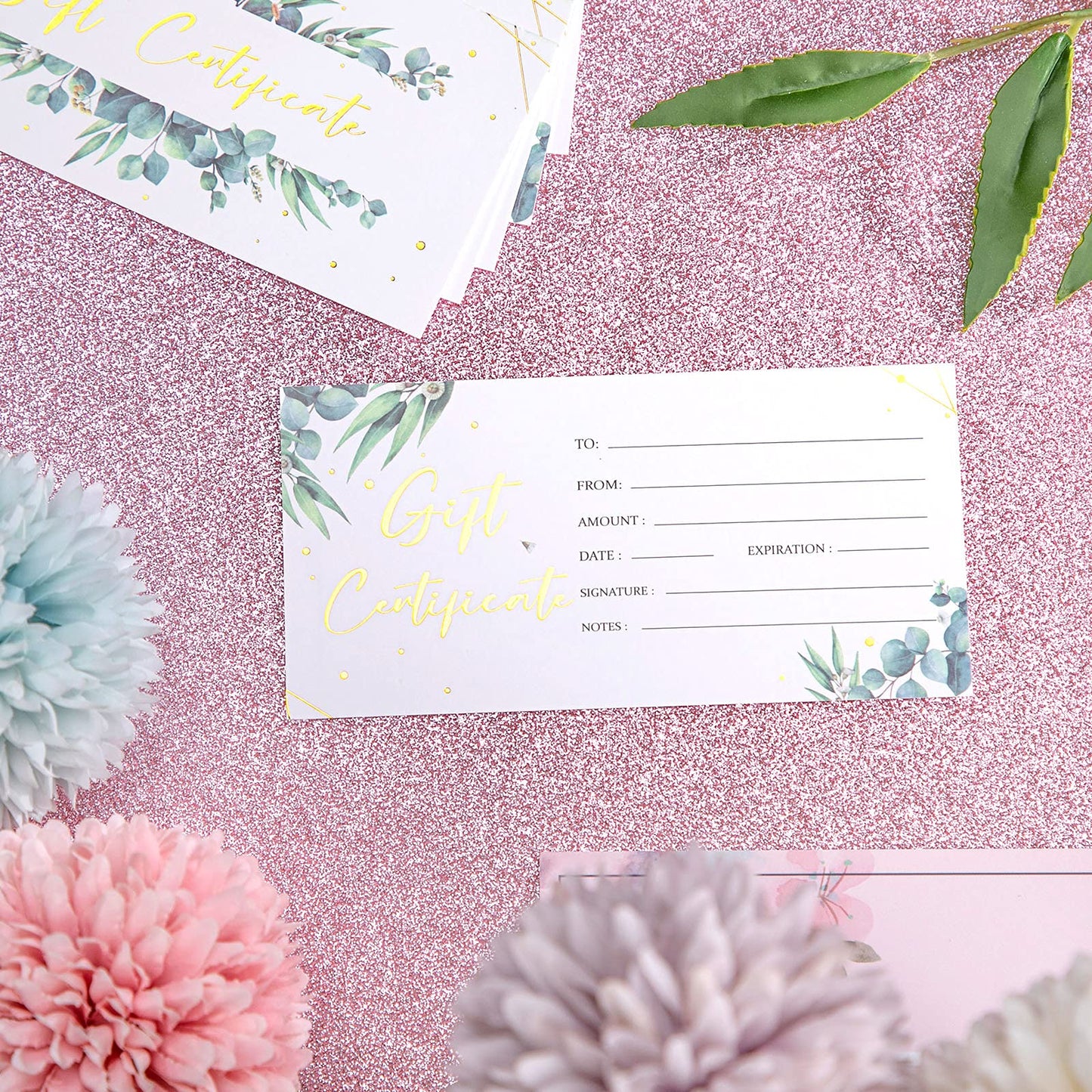Chuangdi 100 Pcs Gift Certificate for Business Eucalyptus Blank Gift Certificate Cards Gold Foil Present Postcard Double-sided Customer Client Voucher Card for Wedding Birthday Beauty Salon Spa