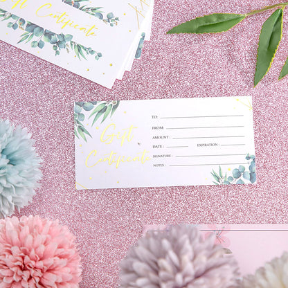 Chuangdi 100 Pcs Gift Certificate for Business Eucalyptus Blank Gift Certificate Cards Gold Foil Present Postcard Double-sided Customer Client Voucher Card for Wedding Birthday Beauty Salon Spa