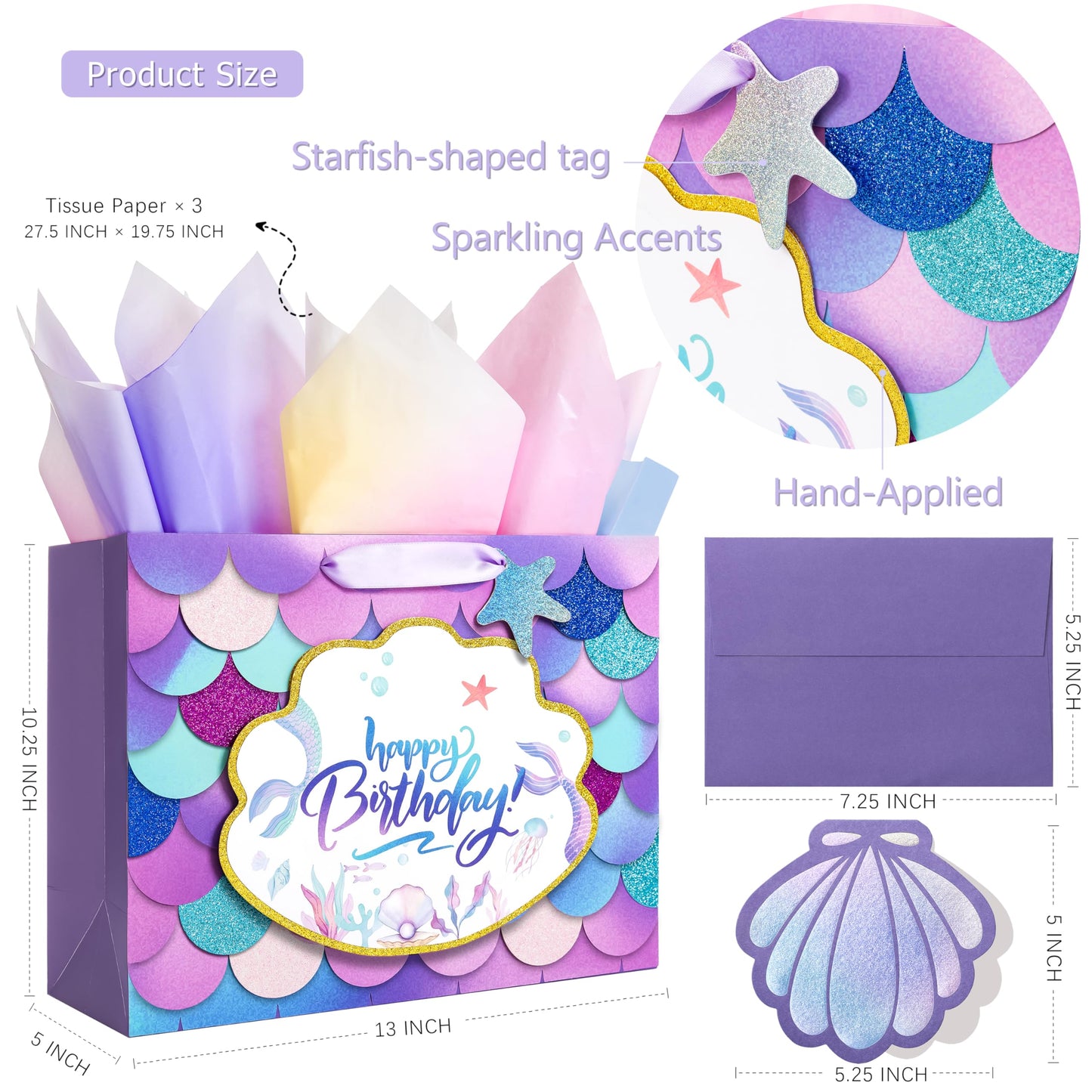 Crisky Mermaid Birthday Gift Bags for Girls with Tissue Paper and Seashell Card - 3 D Bling Design - Mermaid Gift Bag for Kids Women Birthday Decorations Purple Party Supplies Gifts Ideas