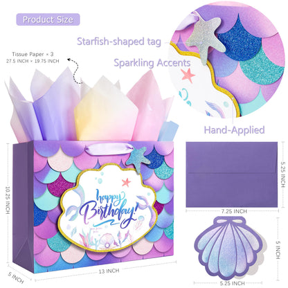 Crisky Mermaid Birthday Gift Bags for Girls with Tissue Paper and Seashell Card - 3 D Bling Design - Mermaid Gift Bag for Kids Women Birthday Decorations Purple Party Supplies Gifts Ideas