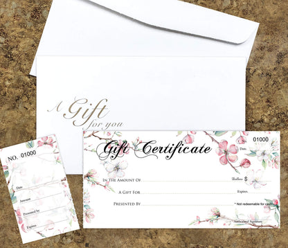 Blank Gift Certificates 25set, gift certificate for business, Gift-Blossoms-PP, Comes with Free matching Envelopes, Sequential Numbering Printing
