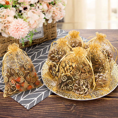 Staruby Organza Gift Bags 100Pcs Gold Sheer Organza Bag 5x7 Inch Mesh Favor Bags Drawstring Jewelry Rattan Printed Gift Pouches for Wedding Party Favors Couple Shower Christmas Gifts Candy Bags