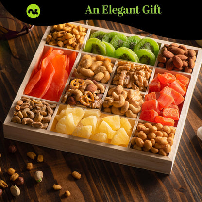 NUT CRAVINGS - Fathers Day Treats, Gift For Dad, Dried Fruit & Mixed Nuts Gift Basket in Reusable Wooden Tray + Ribbon (12 Assortments) Food Arrangement, Healthy Snack Care Package, Kosher