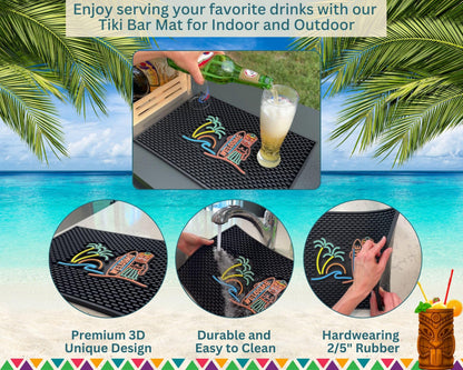 Welcome Tiki Bar Mat 18x12 in, Silicone Tiki Decor, Surfboard Welcome Sign Greeting, Tropical Home Accessories, Luau Party Decorations, Host Gift, Bar Cart Decor