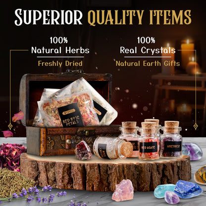 Wyspell Witchcraft Supplies Kit - 54PCS - Witch Kit for Altar: Spell Candles, Dried Herbs, Healing Crystals in Jars - Wiccan Supplies & Tools - Witchy Gifts for Beginners