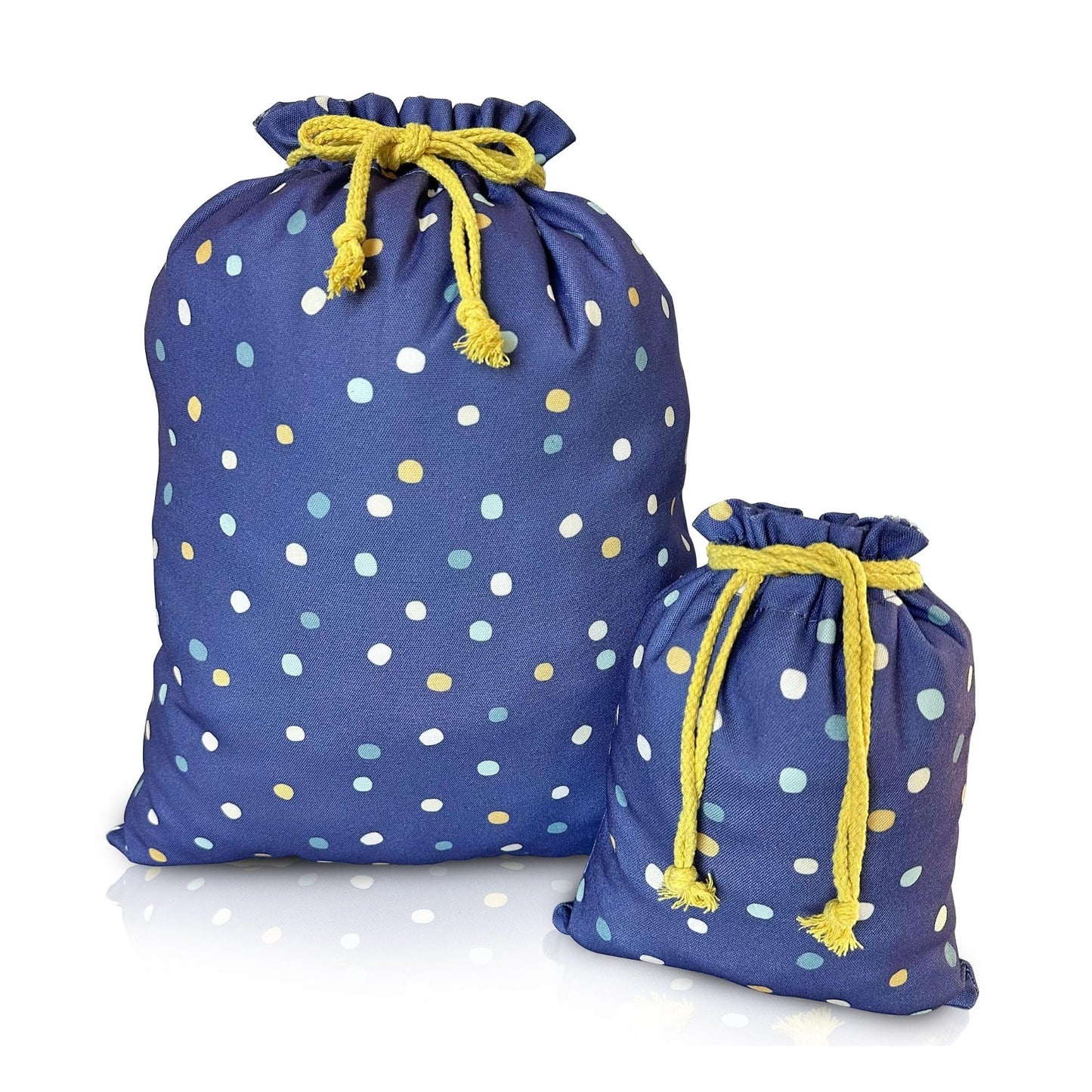 Gather & Knot Dot Gift Bags | Reusable Fabric Drawstring Bags | Large 20” & Small 12” | Premium Canvas Wrap for Birthdays, Showers & Gifting | Navy Painted Dots