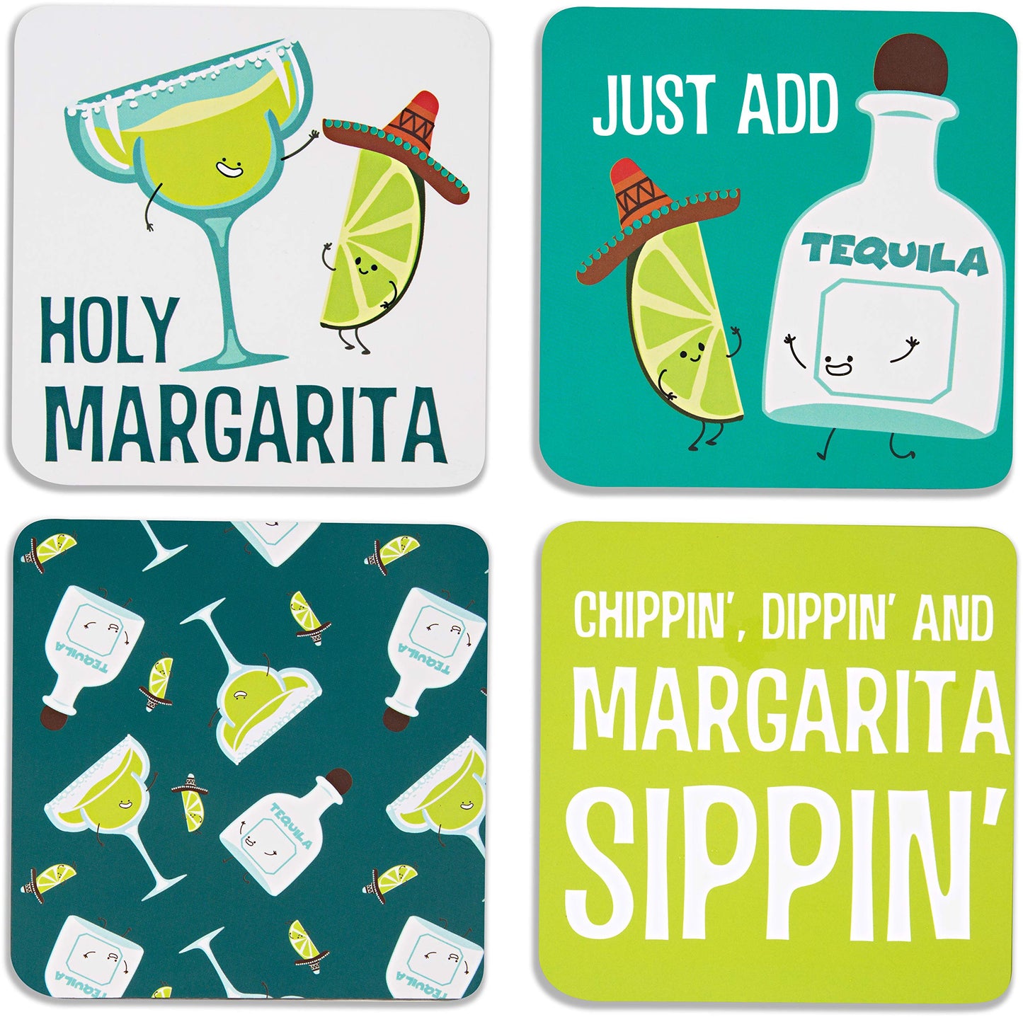 Pavilion - Margarita - 4 Piece Sentiment, Pattern and Character Coaster Set With Box Holder - 4 Inch