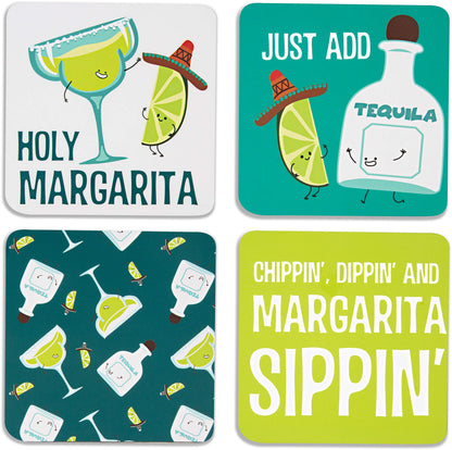 Pavilion - Margarita - 4 Piece Sentiment, Pattern and Character Coaster Set With Box Holder - 4 Inch
