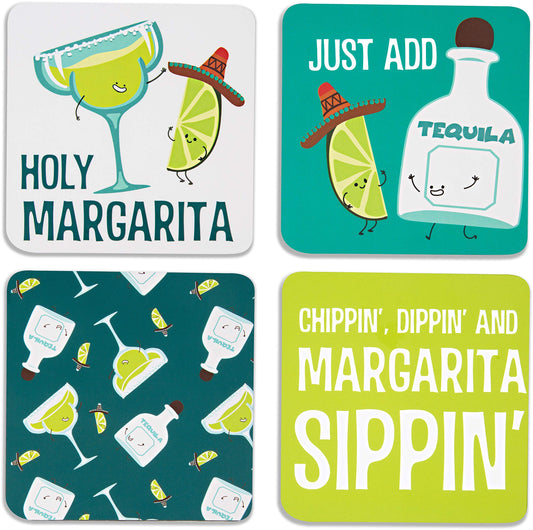 Pavilion - Margarita - 4 Piece Sentiment, Pattern and Character Coaster Set With Box Holder - 4 Inch