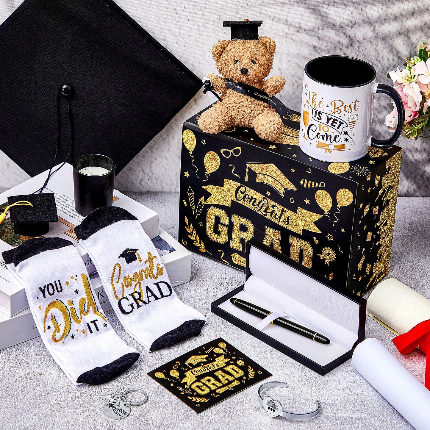 Tenceur 2026 Graduation Gift Set for Him Her Congrats Favor Basket Grad Box Bear Sock Bracelet Mini Graduation Hat for School(Black)