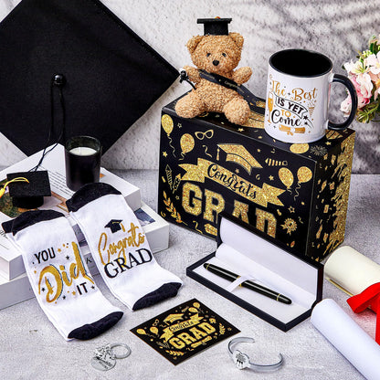 Tenceur 2026 Graduation Gift Set for Him Her Congrats Favor Basket Grad Box Bear Sock Bracelet Mini Graduation Hat for School(Black)