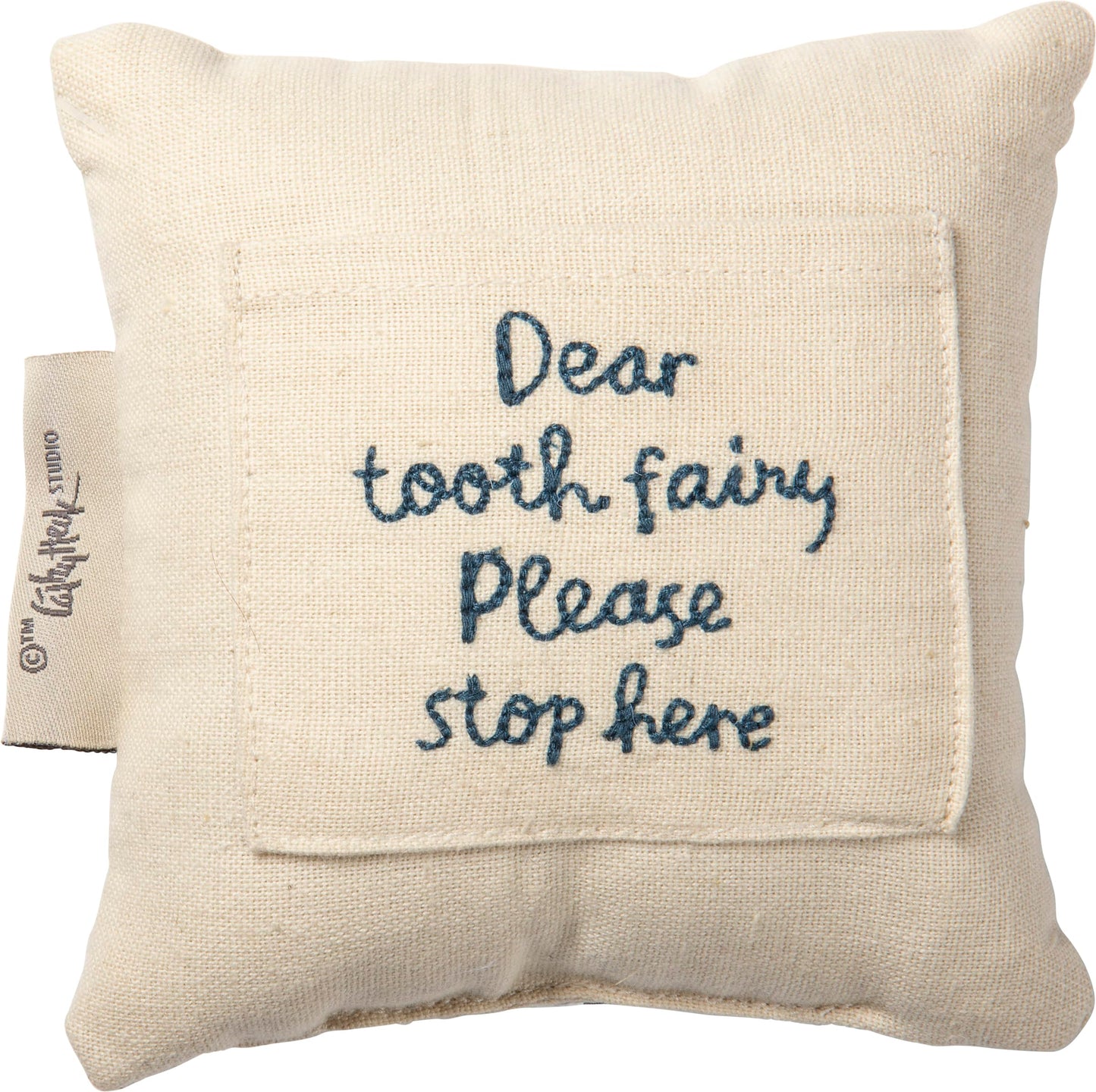 Primitives by Kathy Dear Tooth Fairy Stop Here Mini Tooth Pillow, 5x5-Inch, Cotton Blend, Blue Embroidered Keepsake with Storage Pocket and Tooth Design on Front