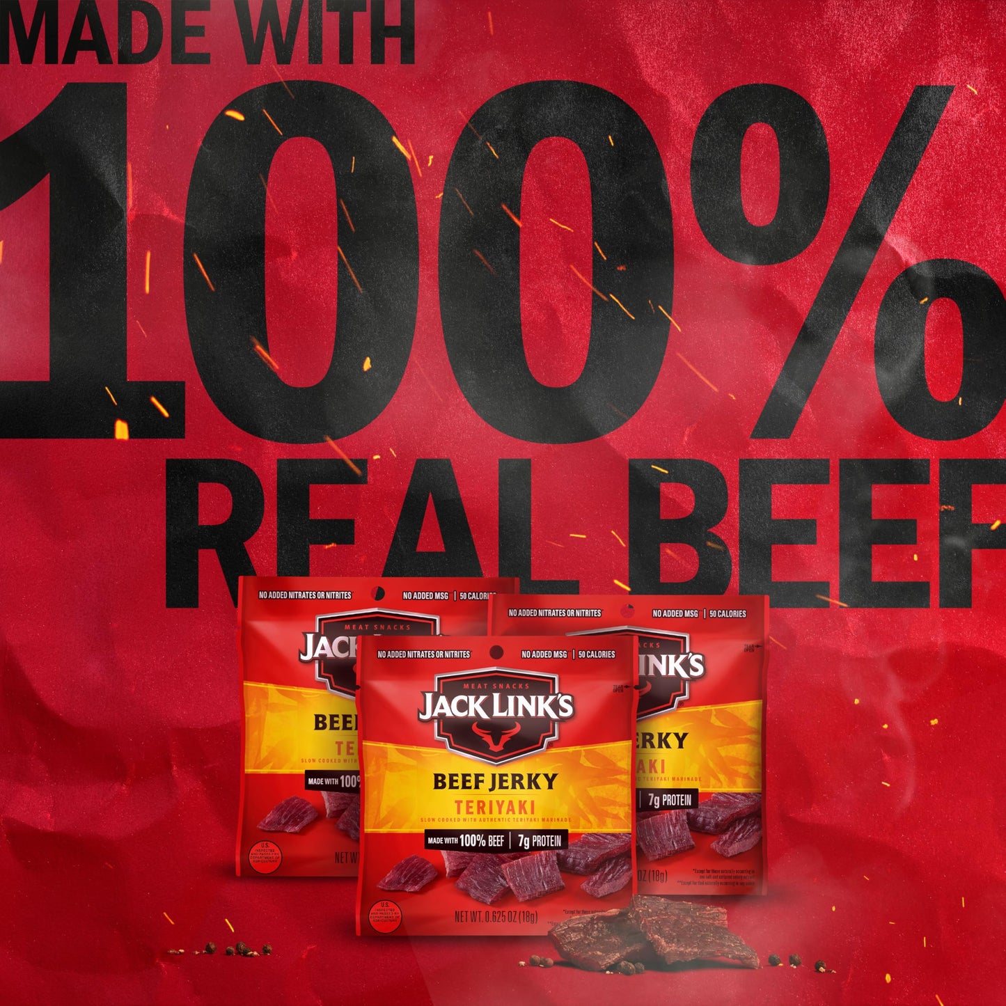 Jack Link's Teriyaki Beef Jerky Multipack - (5 Pack) 0.625 oz Bags - Ready to Eat Real Meat Protein Snacks - 7g Protein per Serving - Made with 100% Real Beef