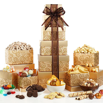 Broadway Basketeers Gift Tower with Gourmet Cookies & Snack Treats for Memorial Day, Birthdays, Corporate Thank You Gifts, Kosher