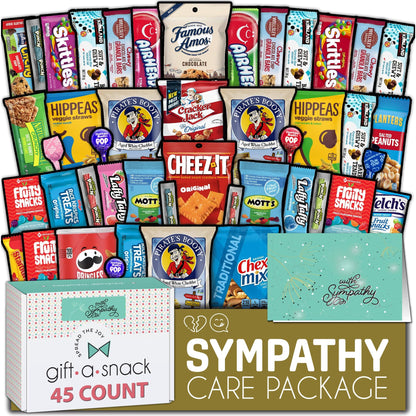 Gift A Snack - Sympathy Snack Box Care Package + Greeting Card (45 Count) Condolence for Loss of Loved One, Dog Pet Cat Memorial Sweet Treats Gift Basket - Office Food Assortments