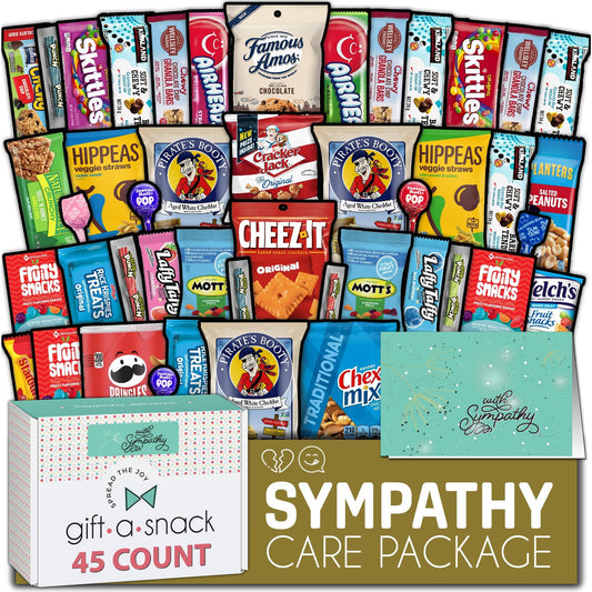 Gift A Snack - Sympathy Snack Box Care Package + Greeting Card (45 Count) Condolence for Loss of Loved One, Dog Pet Cat Memorial Sweet Treats Gift Basket - Office Food Assortments