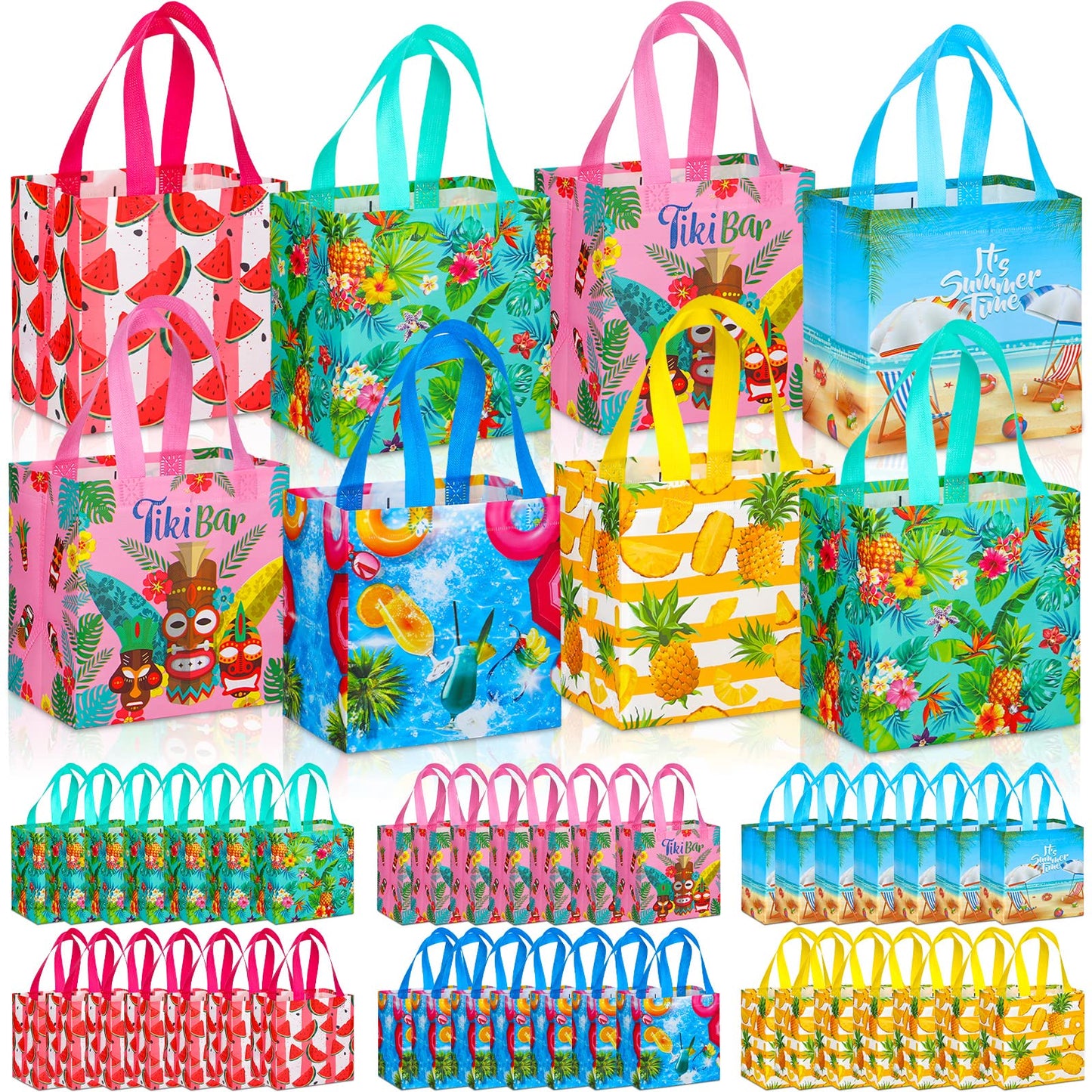 Hillban 60 Pcs 8 x 8 x 6 Inch Summer Party Favor Bags Fruit Gift Treat Bags Hawaii Aloha Goodie Totes Summer Beach Pineapple Watermelon Non Woven Totes with Handles for Party Supplies