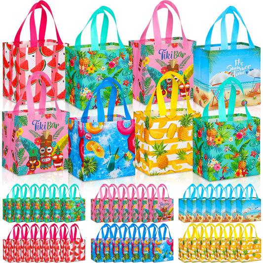 Hillban 60 Pcs 8 x 8 x 6 Inch Summer Party Favor Bags Fruit Gift Treat Bags Hawaii Aloha Goodie Totes Summer Beach Pineapple Watermelon Non Woven Totes with Handles for Party Supplies