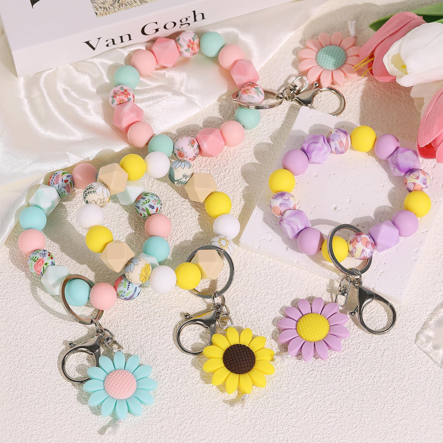 4 Pack Teacher Appreciation Gifts in Bulk, Teacher Gifts for Women with Silicone Sunflower Keychains, Thank You Gifts for Teacher Appreciation Week End of Year Christmas Valentines from Student