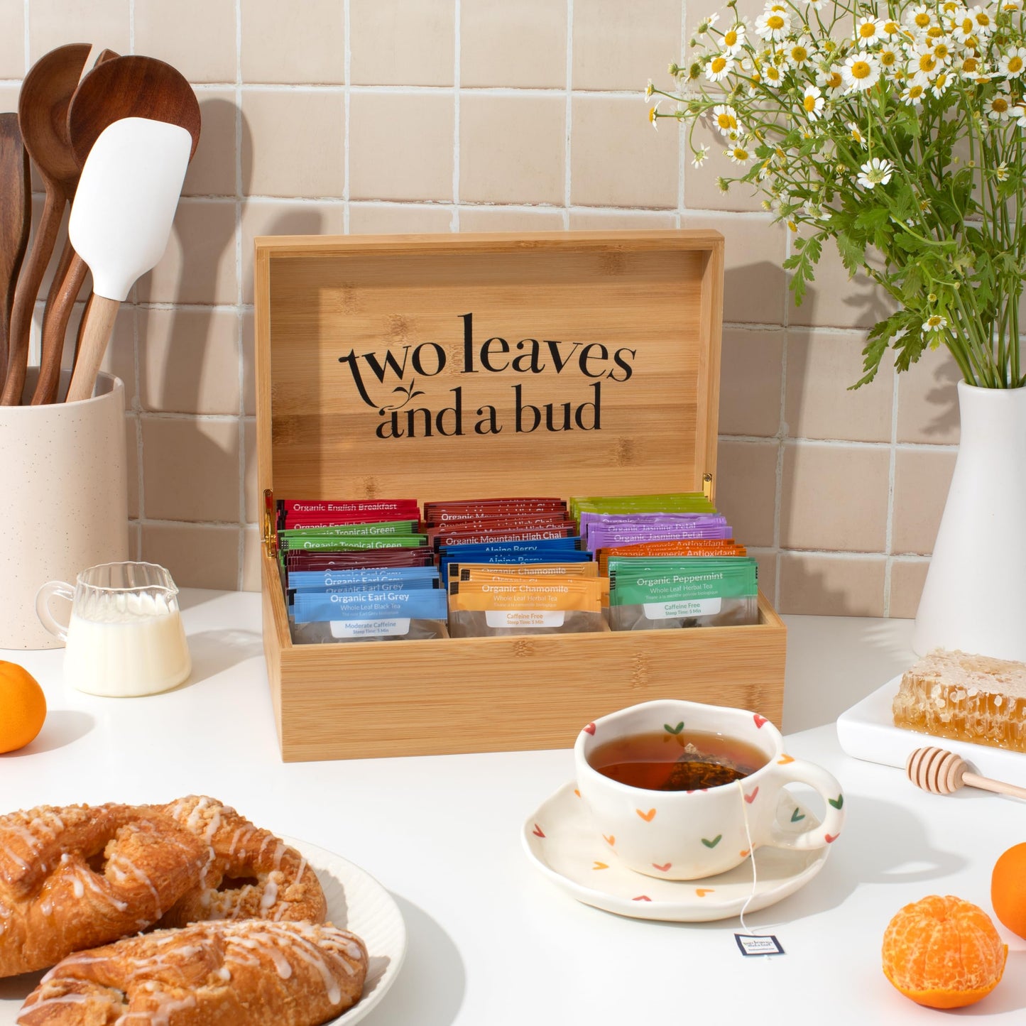 Two Leaves and a Bud Organic Tea Sampler in 6-Slot Bamboo Presentation Box - Filled Gift Box with Tea Assortment of Green, Black, and Herbal Teas